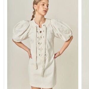 English Factory Cream Lace-Up Puff Sleeve Mini Dress